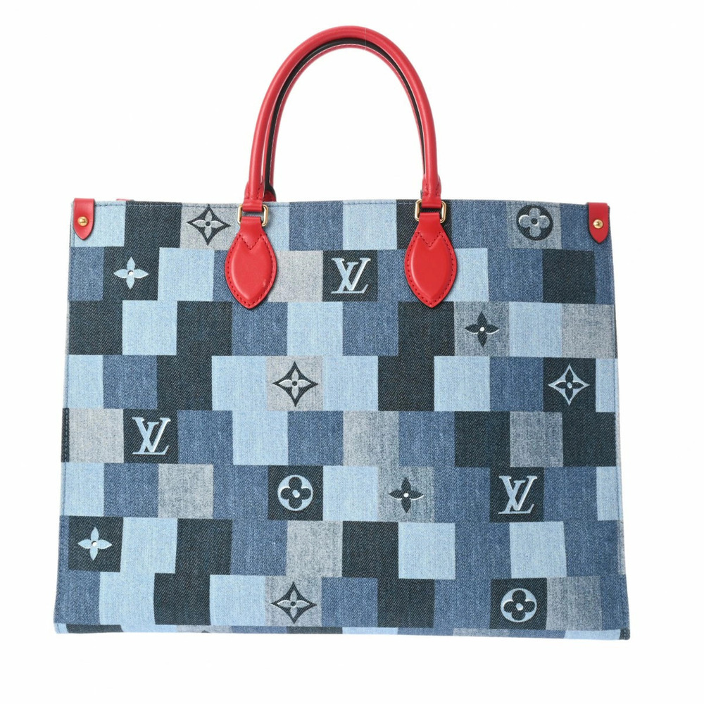 LOUIS VUITTON Monogram Denim OnTheGo Tote Bag Blue Red Leather Handbag